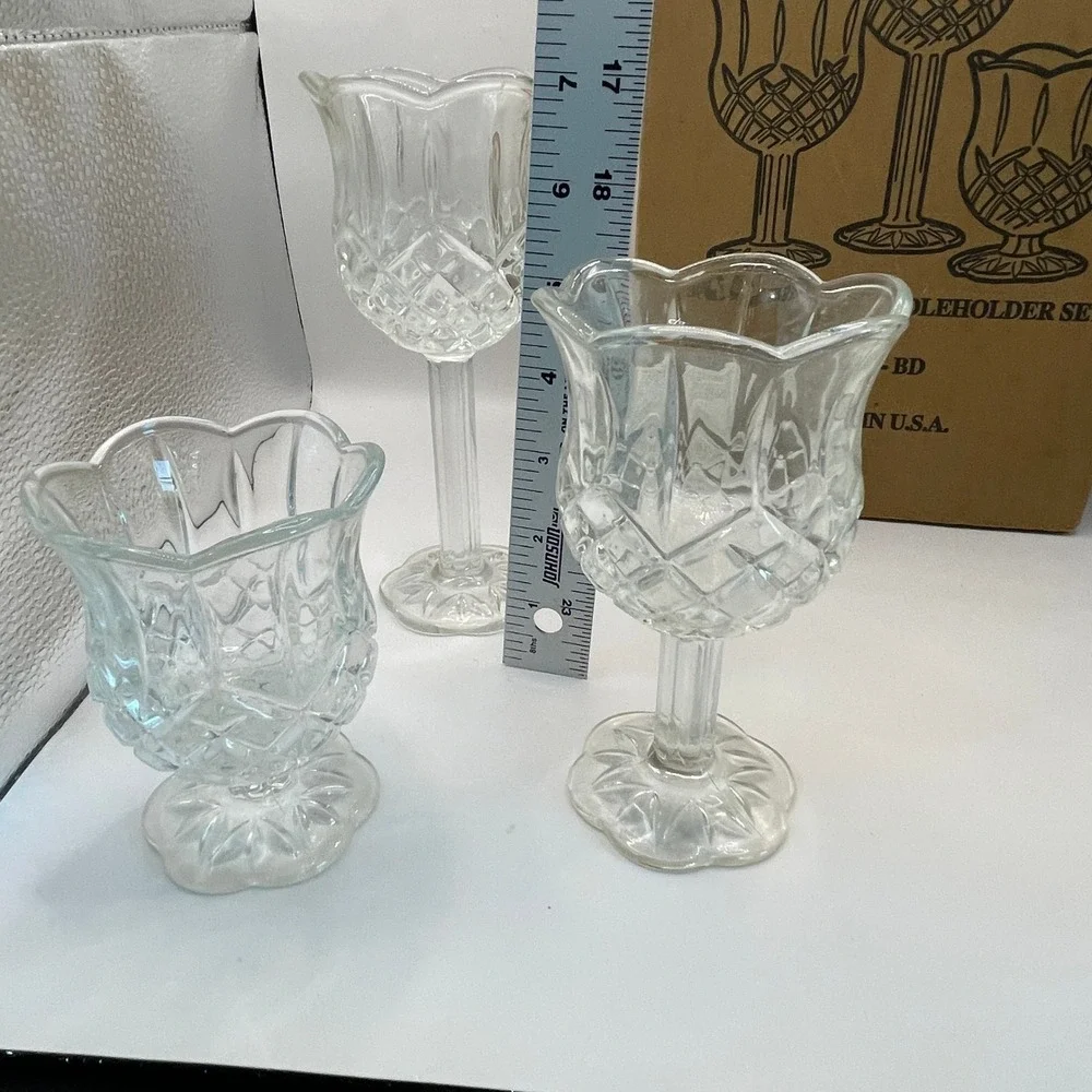 Home Interiors Stemmed Candle Holder Set 3pc Clear Glass Diamond Cut Vintage 90s